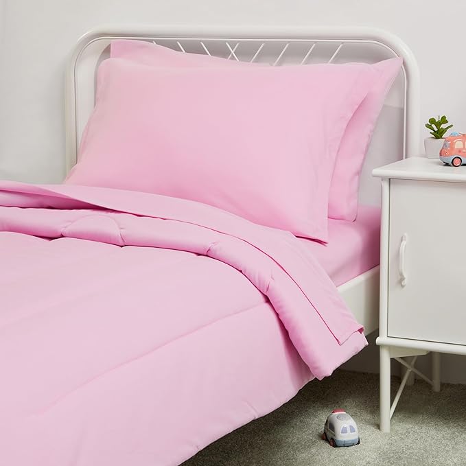 Amazon Basics 2 Piece Microfiber Kid's Bed-in-a-Bag Bedding Set, Toddler, Pink, Solid - LeafyLoom