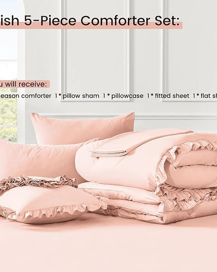 Twin Bed in a Bag 5 Pieces Comforter Set Twin, Ruffle Shabby Chic Bedding Comforter Set Pink Bed Set with Comforter, Pillowcase, Flat Sheet, Fitted Sheet and Pillow Sham - LeafyLoom