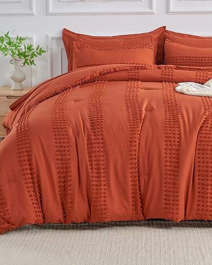 ENJOHOS Queen Comforter Set 7 Piece - Burnt Orange Comforters Queen Size, Queen Bed in a Bag Set, Boho Tufted Bedding Comforter Set with Pom, Lightweight Soft Microfiber Comforter Bed Set - LeafyLoom