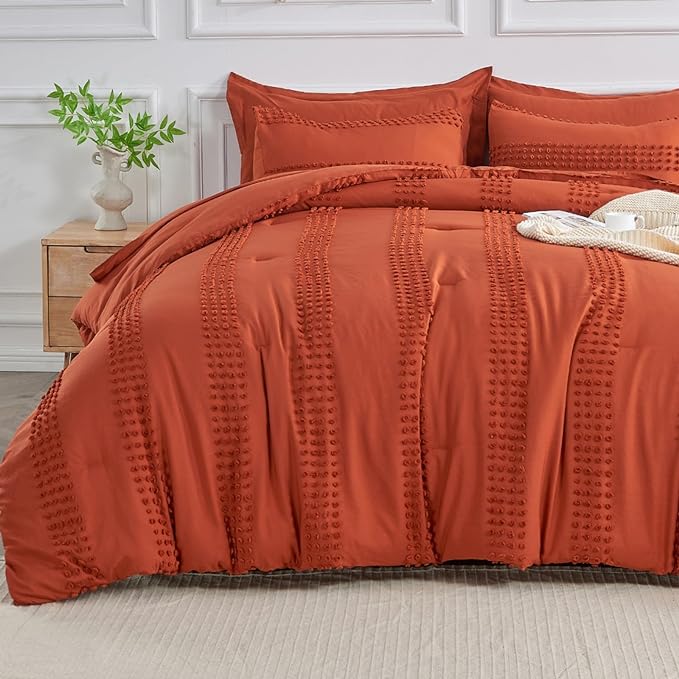 ENJOHOS Queen Comforter Set 7 Piece - Burnt Orange Comforters Queen Size, Queen Bed in a Bag Set, Boho Tufted Bedding Comforter Set with Pom, Lightweight Soft Microfiber Comforter Bed Set - LeafyLoom