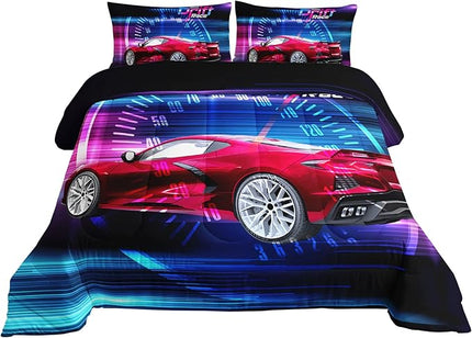Axolotl Race Car Bedding Set Full Size,Boys Extreme Sports Comforter Set for Kids Boys Car Racing Gifts,Red Cool Car Comforter Car Sports Quilt Set 1 Comforter Set with 2 Pillowcase Car Racing Gifts - LeafyLoom
