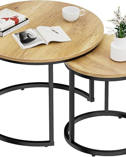 Nesting Coffee Table Set of 2, 23.6" Round Coffee Table Brown Wood with Adjustable Non-Slip Feet, Industrial End Table Side Tables for Living Room Bedroom Balcony Yard - LeafyLoom
