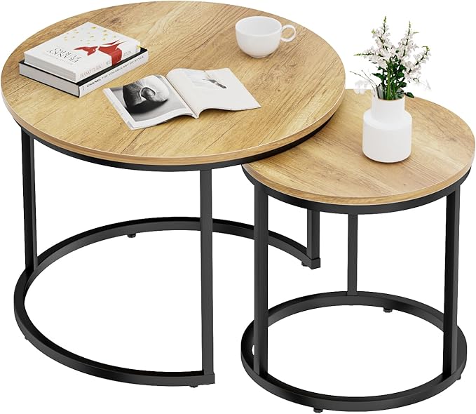 Nesting Coffee Table Set of 2, 23.6" Round Coffee Table Brown Wood with Adjustable Non-Slip Feet, Industrial End Table Side Tables for Living Room Bedroom Balcony Yard - LeafyLoom