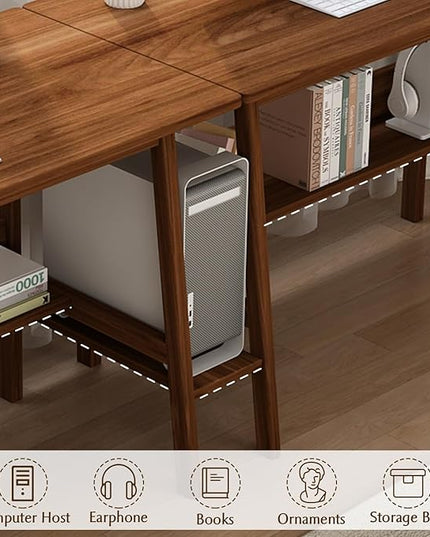 2-Person Writing Desk with Bookshelf - 110" Wooden Extra Long Home Office Work Table, Double Study Computer Workstation with Storage Shelves in White, 110" W x 24" D - LeafyLoom