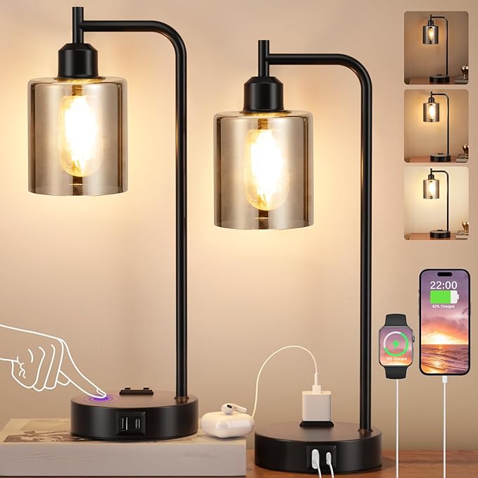 Innqoo Industrial Touch Bedroom Lamps for Bedrooms Set of 2-3-Way Dimmable Table Lamps with USB C+A Ports and Outlet, Bedside Lamps with Gray Glass Shade for Living Room, Desk Lamps for Home Office - LeafyLoom