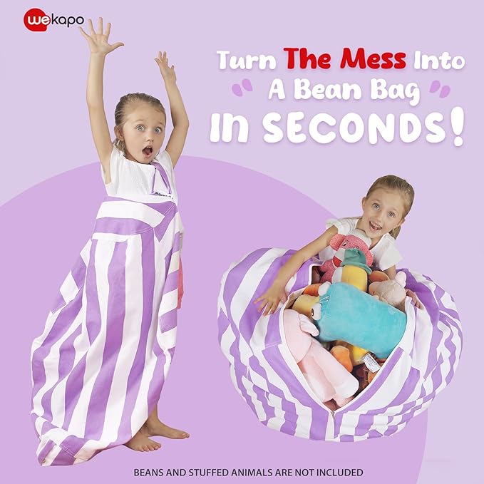 Wekapo Stuffed Animal Storage Bean Bag Chair Cover for Kids | Stuffable Zipper Beanbag for Organizing Children Plush Toys Large Premium Cotton Canvas (Purple, XX-Large) - LeafyLoom