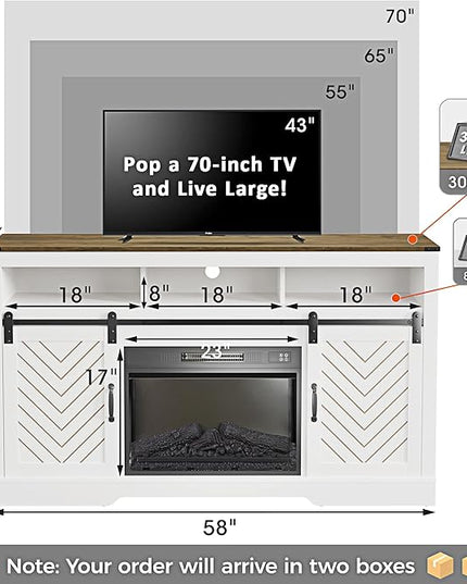 Farmhouse Fireplace TV Stand for 65+ Inch TV, Entertainment Center with 23" Electric Fireplace with Remote, Modern Rustic TV Console with Sliding Bar Door for Living Room, Antique White - LeafyLoom