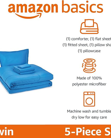Amazon Basics 5 Piece Microfiber Kid's Bed-in-a-Bag Bedding Set, Twin, Blue, Solid - LeafyLoom