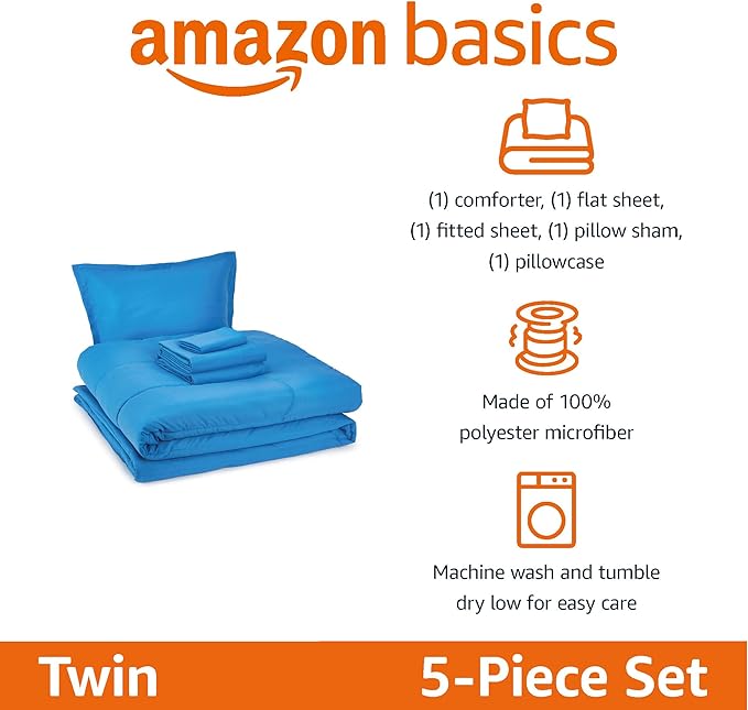 Amazon Basics 5 Piece Microfiber Kid's Bed-in-a-Bag Bedding Set, Twin, Blue, Solid - LeafyLoom