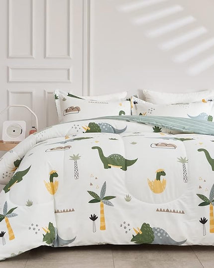 Joyreap Dinosaur Kids Cotton Comforter Set for Boys Girls, Full/Queen Size 3pcs Cotton Bedding Comforter, Fresh Green Dinosaurs on White Design, Skin-friendly Breathable for All Season- 88x88 inches - LeafyLoom