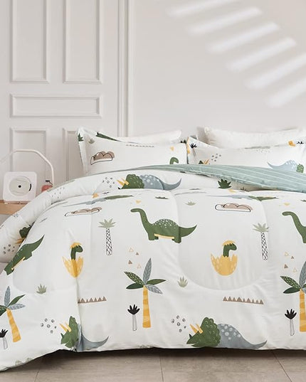 Joyreap Dinosaur Kids Cotton Comforter Set for Boys Girls, Twin Size 3pcs Cotton Bedding Comforter, Fresh Green Dinosaurs on White Design, Skin-friendly Breathable for All Season- 68x88 inches - LeafyLoom