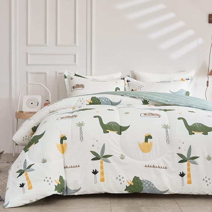 Joyreap Dinosaur Kids Cotton Comforter Set for Boys Girls, Twin Size 3pcs Cotton Bedding Comforter, Fresh Green Dinosaurs on White Design, Skin-friendly Breathable for All Season- 68x88 inches - LeafyLoom