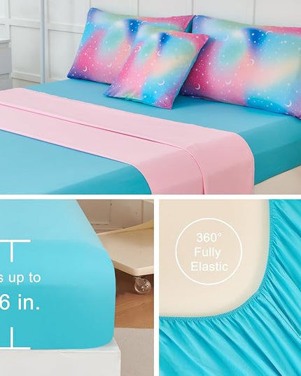 URBONUR Kids Bedding Set Twin Size 6 Pieces Comforter & Sheet Set Colorful Rainbow Tie Dye Stars Printed Girls Bedding Set Ultra Soft Bed Sets - LeafyLoom