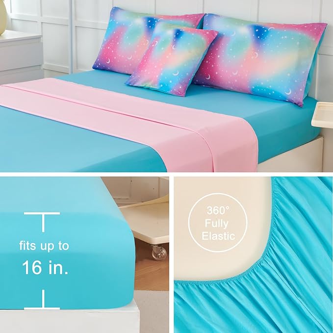 URBONUR Queen Size Comforter Set, Rainbow Stars Queen Bedding Set for Teen Girls Women, 6 Pieces Comforter, Flat Sheet, Fitted Sheet & Pillowcases - LeafyLoom