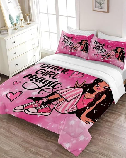 Black Girl Comforter Set Twin for Kids,Black Girl Magic Bedding Set,Cuet Black Princess Girl Comforter Black Queen Melanin Bedroom Bed Set - LeafyLoom