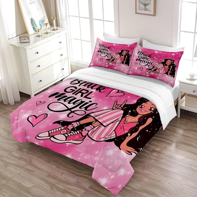 Black Girl Comforter Set Twin for Kids,Black Girl Magic Bedding Set,Cuet Black Princess Girl Comforter Black Queen Melanin Bedroom Bed Set - LeafyLoom