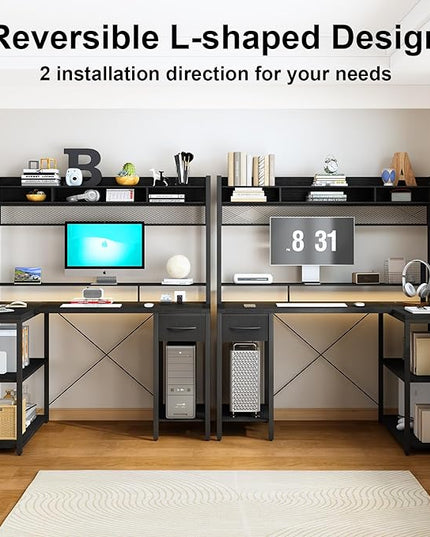 TOARTi 47" L Shaped Computer Desk with Hutch, Office Writing Desk with Power Outlets&LED Ligtht, Gaming Corner Desk with Long Monitor Shelf for Home Office, Classic Black - LeafyLoom