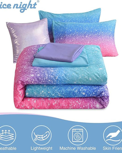 A Nice Night 6Pcs Gradient Glitter Bedding Set for Girls Queen Size, Colorful Rainbow Galaxy Comforter Set, Ultra Soft Bedding Sets, Blue - LeafyLoom