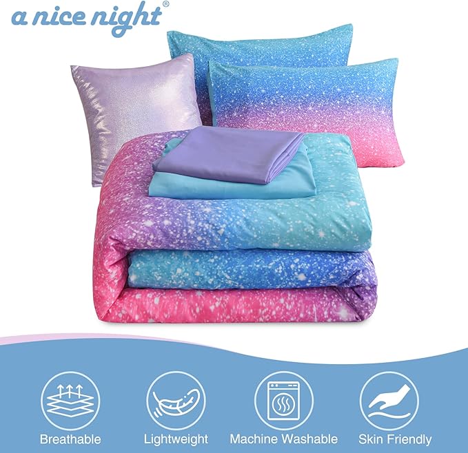 A Nice Night 6Pcs Gradient Glitter Bedding Set for Girls Twin Size, Colorful Rainbow Galaxy Comforter Set, Ultra Soft Bedding Sets, Blue - LeafyLoom