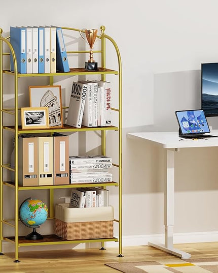 FRAPOW Folding Bookshelf No Assembly, 4 Tier Shelf Gold Collapsible Bookcase, Arched Metal Display Tall Book Shelf with Storage Shelves for Bedroom, Living Room, Home Office - LeafyLoom