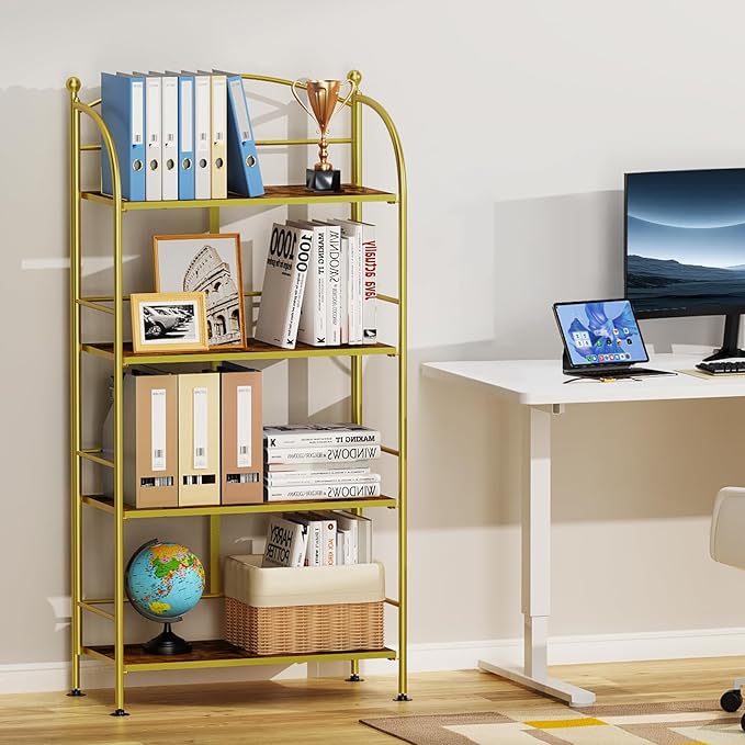 FRAPOW Folding Bookshelf No Assembly, 4 Tier Shelf Gold Collapsible Bookcase, Arched Metal Display Tall Book Shelf with Storage Shelves for Bedroom, Living Room, Home Office - LeafyLoom