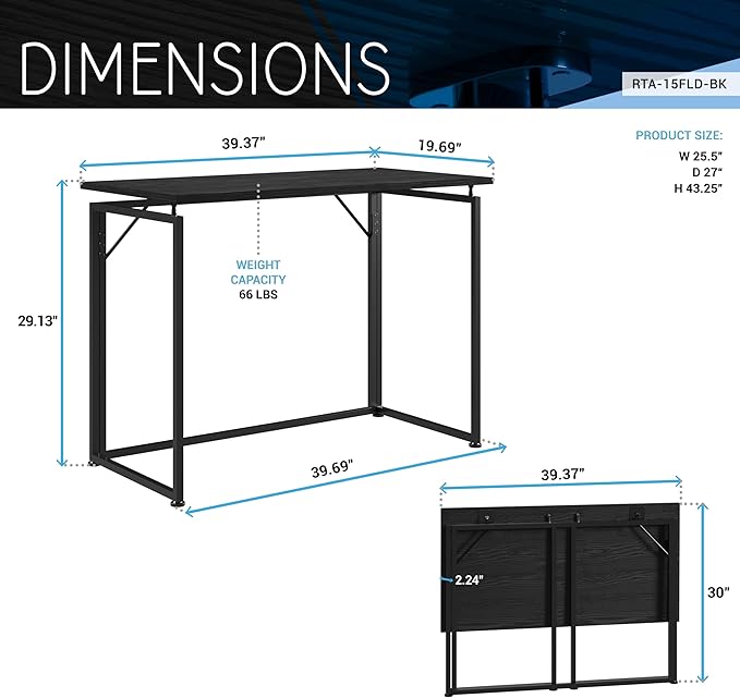Techni Mobili Space Saving Folding Desk, Black - LeafyLoom