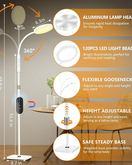 LED Floor Lamp, Height Adjustable Floor Lamps for Living Room, Super Bright Standing Lamp with Timer, Adjustable Colors & Brightness Floor lamp for Bedroom with Remote & Touch Control, White - LeafyLoom