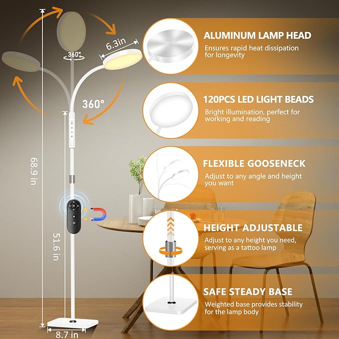 LED Floor Lamp, Height Adjustable Floor Lamps for Living Room, Super Bright Standing Lamp with Timer, Adjustable Colors & Brightness Floor lamp for Bedroom with Remote & Touch Control, White - LeafyLoom
