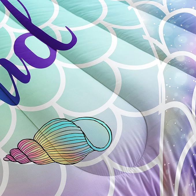 Datura home Bedding Comforter Set Rainbow Scales Mermaid Printed Pattern Bedding Set with 1 Comforter and 2 Pillowcases for Girls Bedroom All Season(Rainbow Scales Mermaid Twin), 68x86inches - LeafyLoom