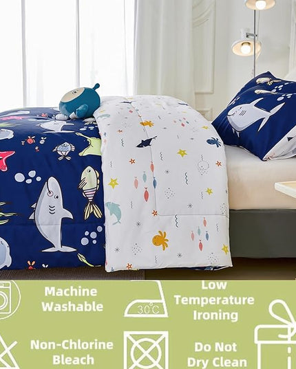 RYNGHIPY Kids Bedding Set for Twin Bed Reversible Ocean Animals Print Comforter Set for Boys Girls Easy-Wash Super Soft Microfiber Bed Set (Navy Ocean,Twin) - LeafyLoom