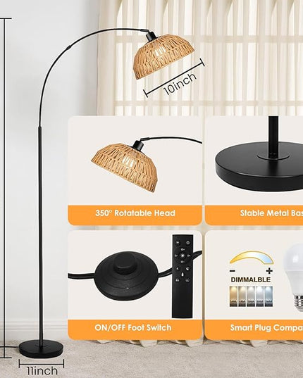 Arc Floor Lamp for Living Room,Black Standing Rattan Floor Lamp with Remote Control Dimmable,71" Tall Boho Farmhouse Adjustable Over Couch Lamp for Bedroom Office - LeafyLoom
