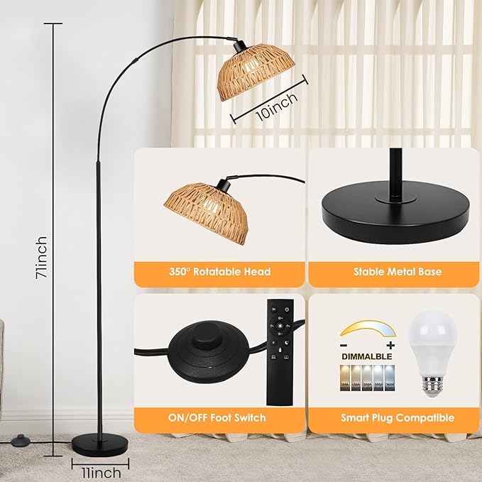 Arc Floor Lamp for Living Room,Black Standing Rattan Floor Lamp with Remote Control Dimmable,71" Tall Boho Farmhouse Adjustable Over Couch Lamp for Bedroom Office - LeafyLoom
