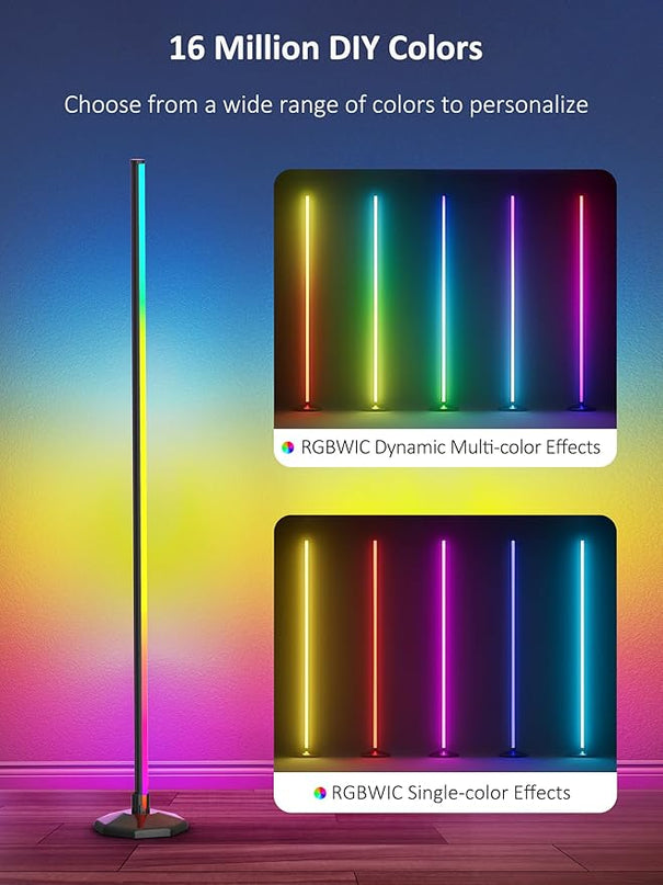 65" LED Corner Floor Lamp：Uocub 16 Million DIY Colors & 68+ Scene RGB Smart Modern Floor Lamp with Timing, Music Sync, App and Remote Control Standing Lamp for Living Room (Black) - LeafyLoom