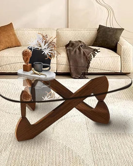 Triangle Coffee Table Glass Coffee Table for Living Room Clear Glass Coffee Table with Solid Wood Base Mid Century Modern Coffee Table for Small Spaces (Walnut-Transparent, 44.9in) - LeafyLoom