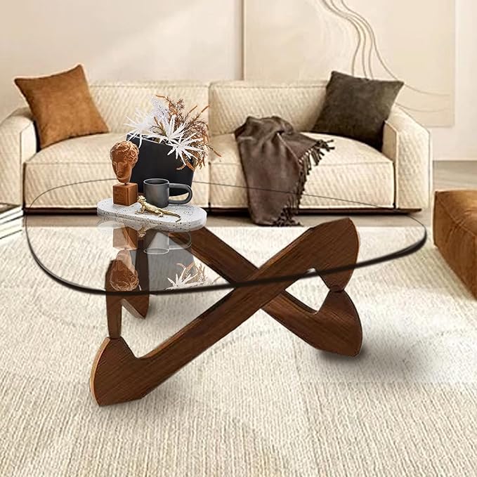 Triangle Coffee Table Glass Coffee Table for Living Room Clear Glass Coffee Table with Solid Wood Base Mid Century Modern Coffee Table for Small Spaces (Walnut-Transparent, 44.9in) - LeafyLoom