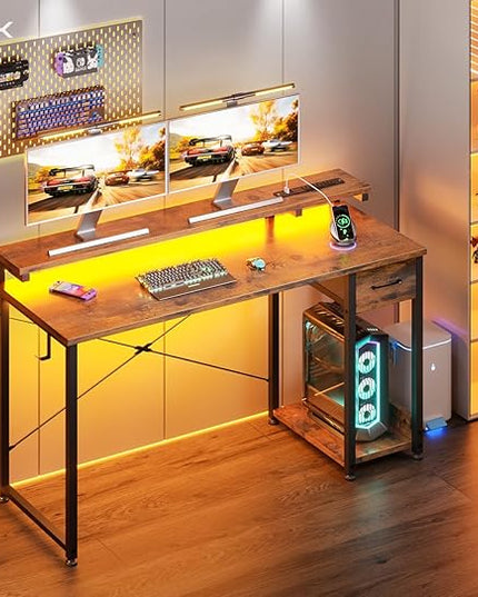 AODK Gaming Desk with LED Lights & Power Outlet, 48 Inch Computer Desk with Drawer, Reversible Desk with Adjustable Monitor Shelf & Headphone Hook for Home Office, Rustic Brown - LeafyLoom
