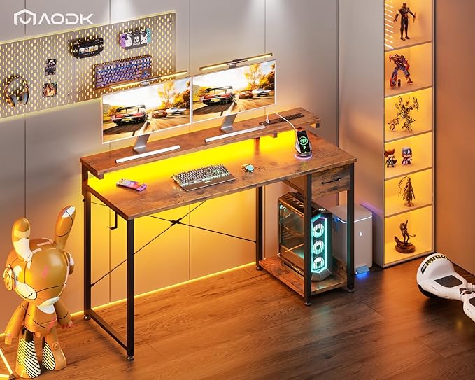 AODK Gaming Desk with LED Lights & Power Outlet, 48 Inch Computer Desk with Drawer, Reversible Desk with Adjustable Monitor Shelf & Headphone Hook for Home Office, Rustic Brown - LeafyLoom
