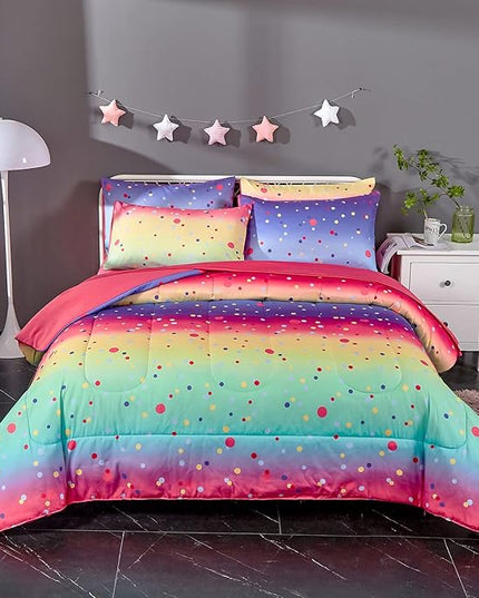 Colorful Polka Dots Rainbow Comforter Set for Teen Girl,Full/Queen Size 5 Piece Bed in A Bag,Circles Printed Comforter and Sheets,Ultra Soft Microfiber All Season Bedding Set(Full/Queen,Dots) - LeafyLoom