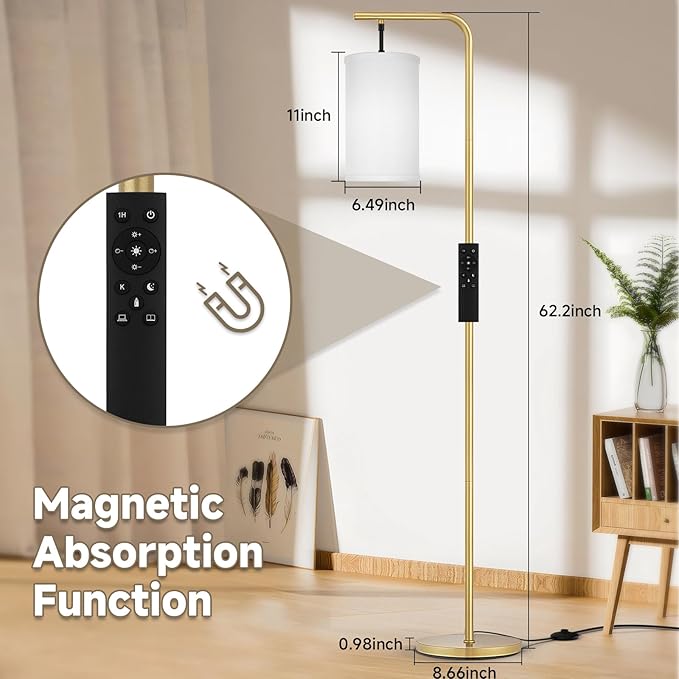 Floor Lamp for Living Room, 9W LED Bulb, Remote Custom Color Temperature & Brightness, Standing Lamps for Bedroom Office Kid Room, Gold - LeafyLoom
