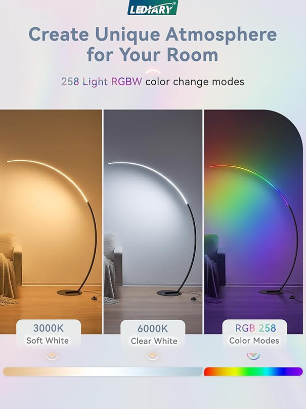 LEDIARY Arc Floor Lamp 65" Modern Standing Lamp with Remote, Black LED Arch Lamps for Living Room Bedroom Office, 3 Color Temperature & Stepless Dimmable Arched Reading Lamp - LeafyLoom