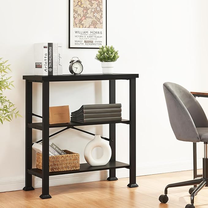 HOMBAZAAR Bookshelf, 3-Tier Vintage Industrial Book Shelf, Rustic Wood and Metal Bookcase and Bookshelves, Free Standing Storage Small Bookshelf for Living Room, Bedroom and Kitchen, Black - LeafyLoom
