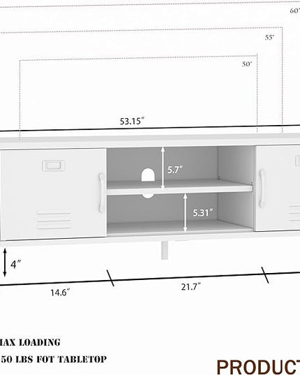 TV Stand for 55 60 inch TV, Metal TV Cabinet Modern Mid Century Entertainment Center with Storage, TV Industrial Media Console Table 2 Cabinet for Living Room, Bedroom, Office (White) - LeafyLoom