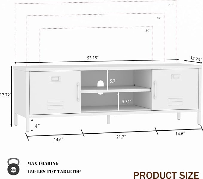 TV Stand for 55 60 inch TV, Metal TV Cabinet Modern Mid Century Entertainment Center with Storage, TV Industrial Media Console Table 2 Cabinet for Living Room, Bedroom, Office (White) - LeafyLoom