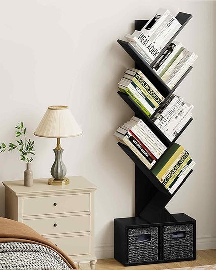 Vagusicc 6 Tier Tree Bookshelf - Modern Shelf Floor Standing Bookcase with Baskets, Tall Wood Book Storage Rack for Books/CDs, Tree Utility Book Organizer Shelves for Living Room, Home Office, Bedroom - LeafyLoom