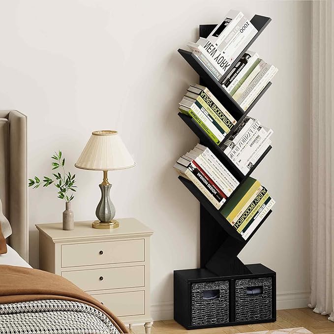 Vagusicc 6 Tier Tree Bookshelf - Modern Shelf Floor Standing Bookcase with Baskets, Tall Wood Book Storage Rack for Books/CDs, Tree Utility Book Organizer Shelves for Living Room, Home Office, Bedroom - LeafyLoom