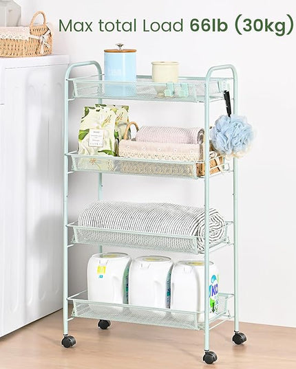 TOOLF 4-Tier Rolling Cart, Metal Utility Cart with 3 Hooks, Easy Assemble Mobile Storage Trolley On Wheels, Metal Shelving Units Kitchen Bathroom Laundry Room - LeafyLoom