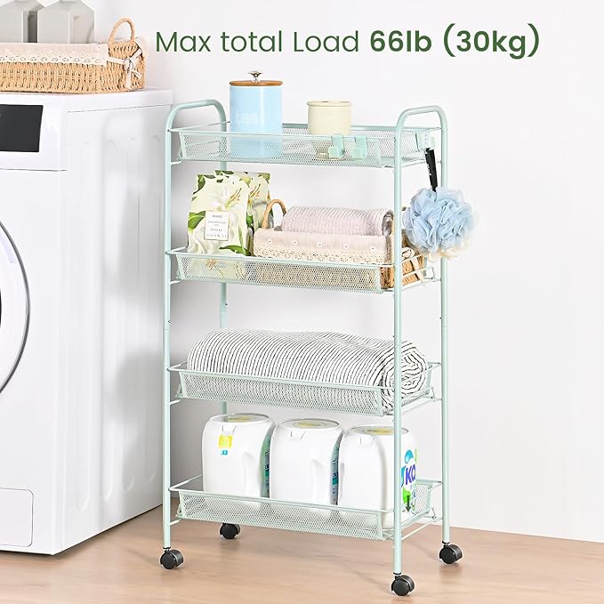TOOLF 4-Tier Rolling Cart, Metal Utility Cart with 3 Hooks, Easy Assemble Mobile Storage Trolley On Wheels, Metal Shelving Units Kitchen Bathroom Laundry Room - LeafyLoom