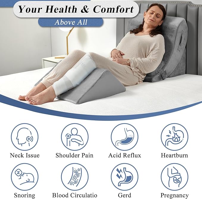 Axelrod 4PCS Orthopedic Bed Wedge Pillow Set, Post Surgery Foam for Back, Neck and Leg Pain Relief Comfortable & Adjustable Ortho Pillows- Anti Snoring, Heartburn, Acid Reflux & GERD Sleeping Grey - LeafyLoom