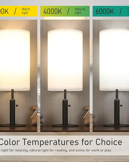 Bedside Table Lamp for Nightstand Living Room Lamps for Bedroom Metal Fabric Pull Chain Switch Small Desk Lamps 3-Color Temperatures Home Office End Table Room Décor (White+Black) - LeafyLoom