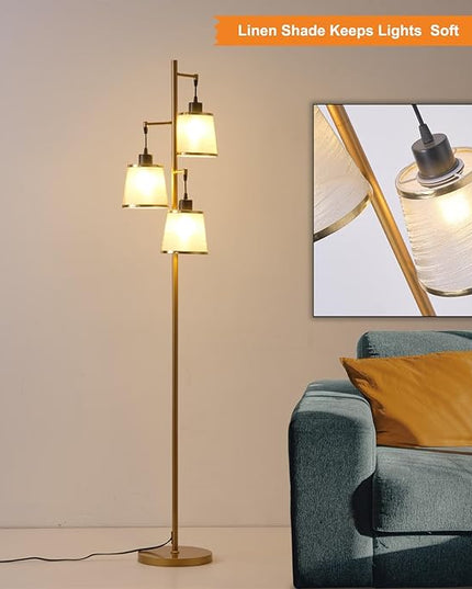 3 Lights Gold Floor Lamp, Mid Modern Standing Lamp Farmhouse with LED Bulbs & Elegant Lampshade, Tree Tall Lamp for Living Room, Bedroom, Office - Antique Brass - LeafyLoom